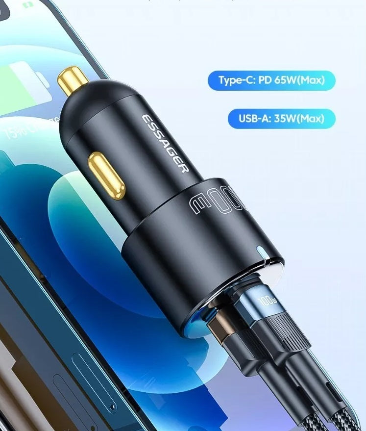 Cargador Rápido para Auto de hasta 65W con Puertos USB-C y USB-A para Celular, Tablets y/o Laptops