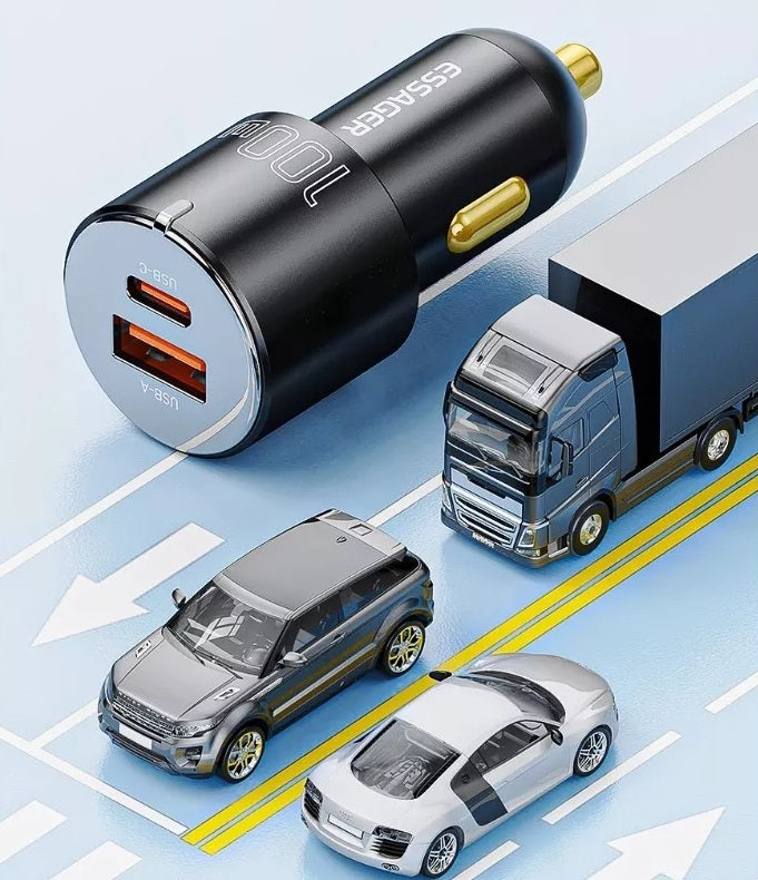 Cargador Rápido para Auto de hasta 65W con Puertos USB-C y USB-A para Celular, Tablets y/o Laptops