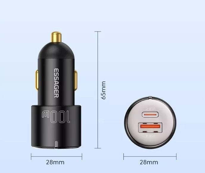 Cargador Rápido para Auto de hasta 65W con Puertos USB-C y USB-A para Celular, Tablets y/o Laptops