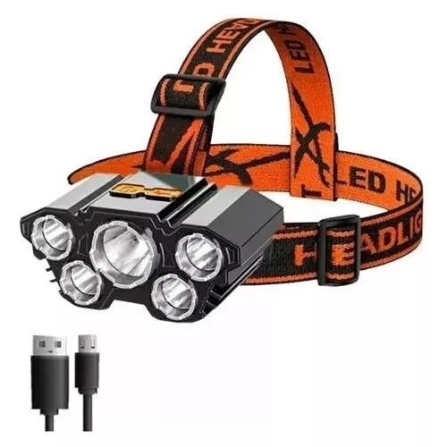 Linterna Frontal Recargable de 5 LEDs con 4 Modos y Batería 18650
