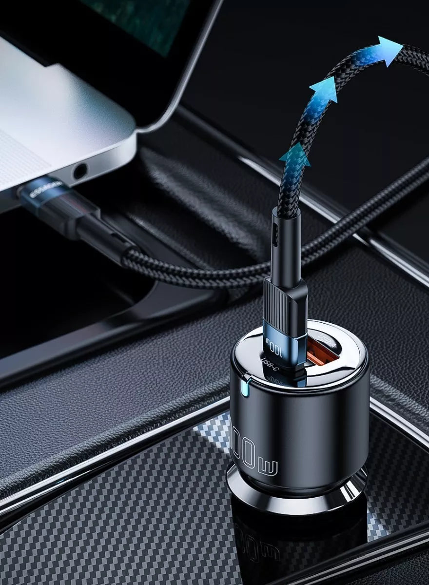 Cargador Rápido para Auto de hasta 65W con Puertos USB-C y USB-A para Celular, Tablets y/o Laptops