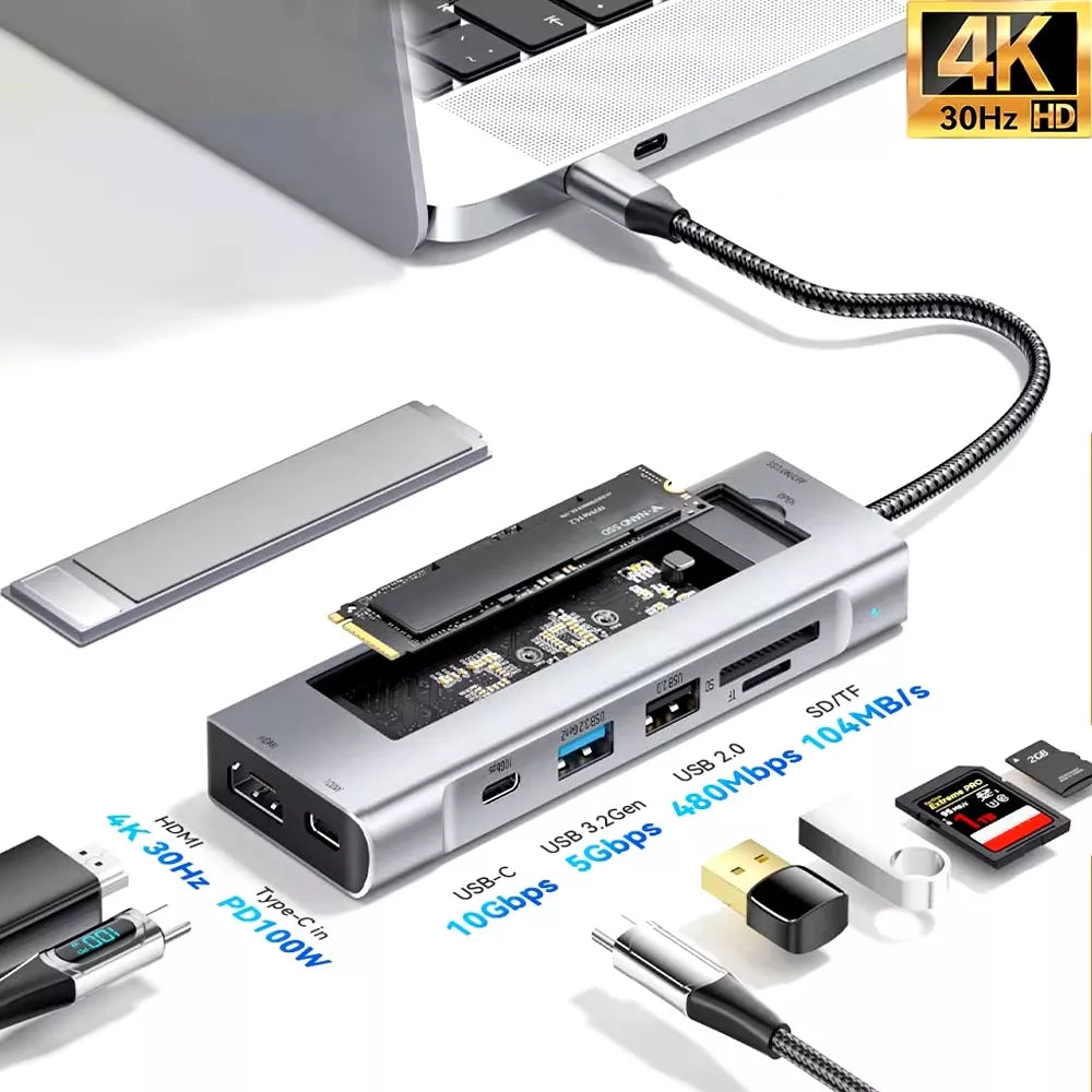 Hub 8 en 1 USB-C con M.2 SSD, HDMI 4K, PD 100W, USB 3.0 y Lector de Tarjetas SD/TF