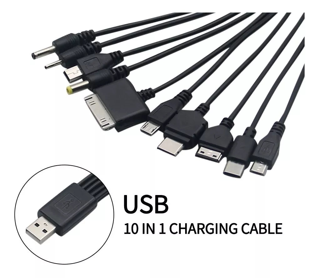 Cable Cargador USB 10 en 1: Conectores Tipo-C, Micro USB, 30-Pin y Más