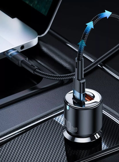 Cargador Rápido para Auto de hasta 65W con Puertos USB-C y USB-A para Celular, Tablets y/o Laptops